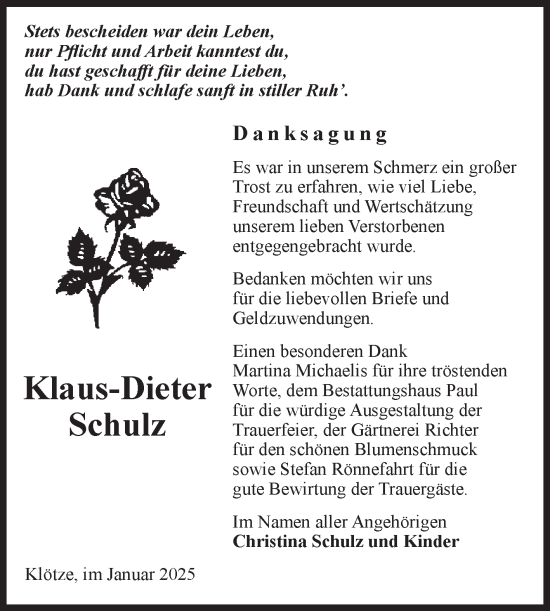 Traueranzeige von Klaus-Dieter Schulz von Volksstimme Altmark West