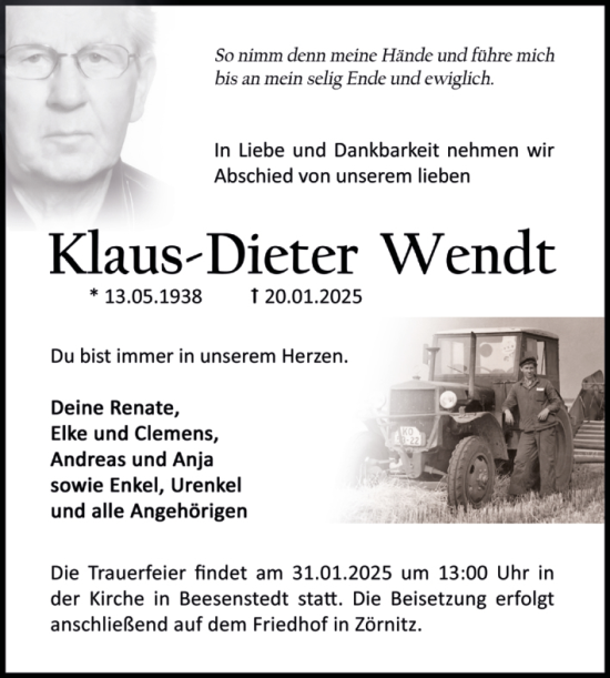 Traueranzeige von Klaus-Dieter Wendt von Mitteldeutsche Zeitung Halle/Saalkreis