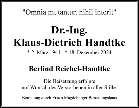 Traueranzeige von Klaus-Dietrich Handtke von Volksstimme Magdeburg