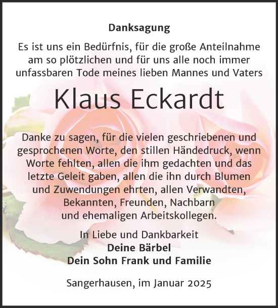 Traueranzeige von Klaus Eckardt von Trauerkombi Sangerhausen