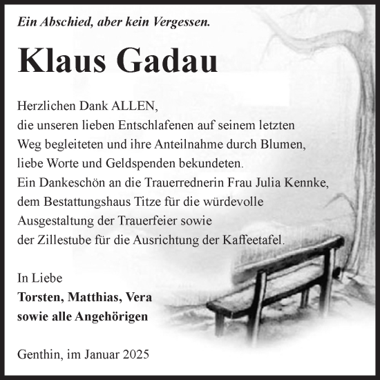 Traueranzeige von Klaus Gadau von Volksstimme Burg/Genthin