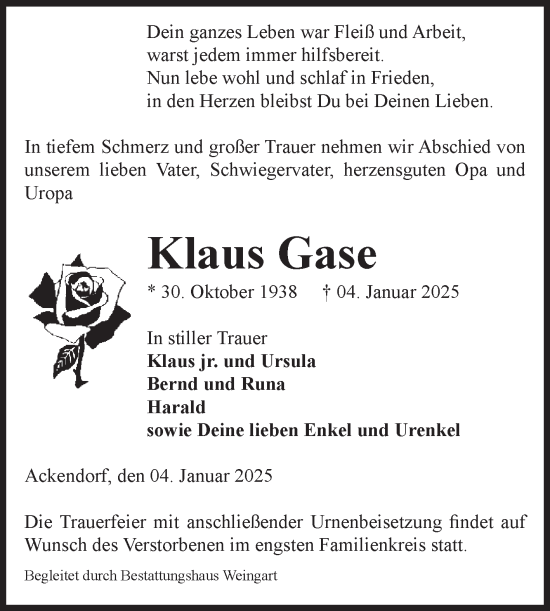 Traueranzeige von Klaus Gase von Volksstimme Altmark West