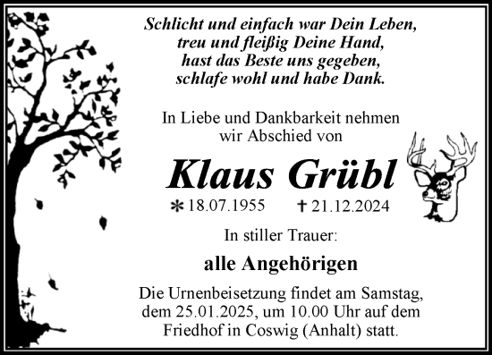 Traueranzeige von Klaus Grübl von Trauerkombi Wittenberg