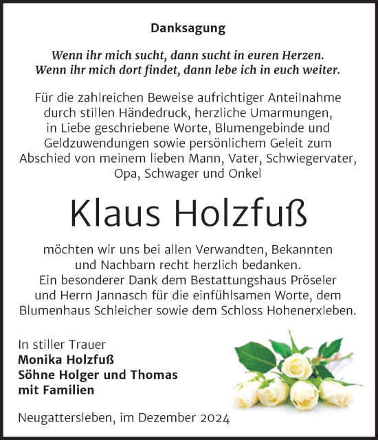 Traueranzeige von Klaus Holzfuß von Trauerkombi Bernburg