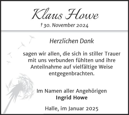 Traueranzeige von Klaus Howe von Mitteldeutsche Zeitung Halle/Saalkreis