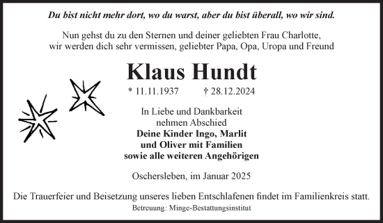 Traueranzeige von Klaus Hundt von Volksstimme Oschersleben/Wanzleben