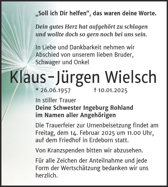 Traueranzeige von Klaus-Jürgen Wielsch von Trauerkombi Mansfelder Land