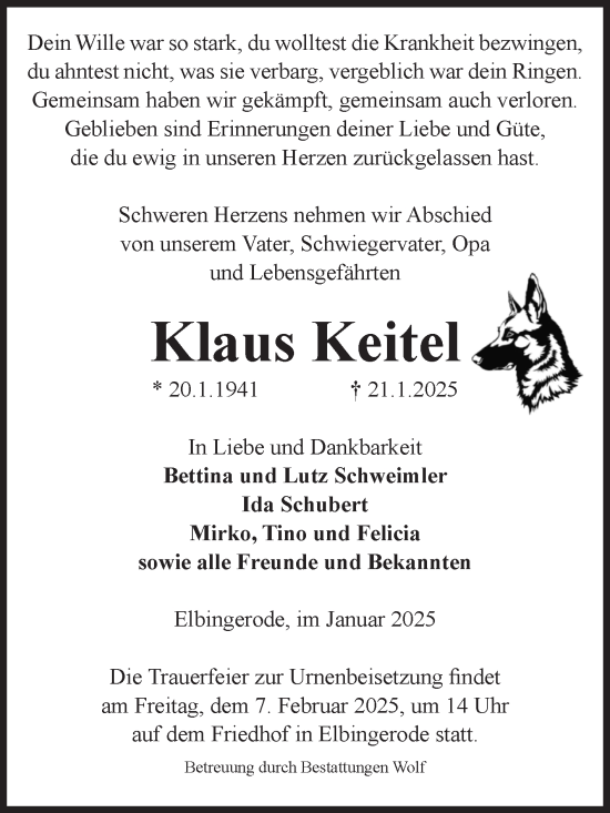 Traueranzeige von Klaus Keitel von Volksstimme Wernigerode