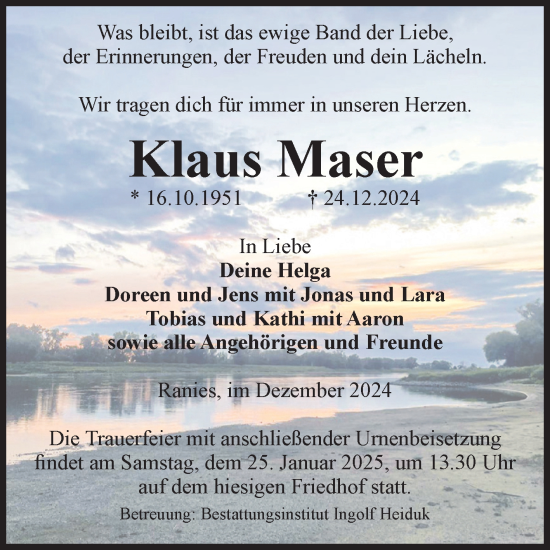 Traueranzeige von Klaus Maser von Volksstimme Schönebeck