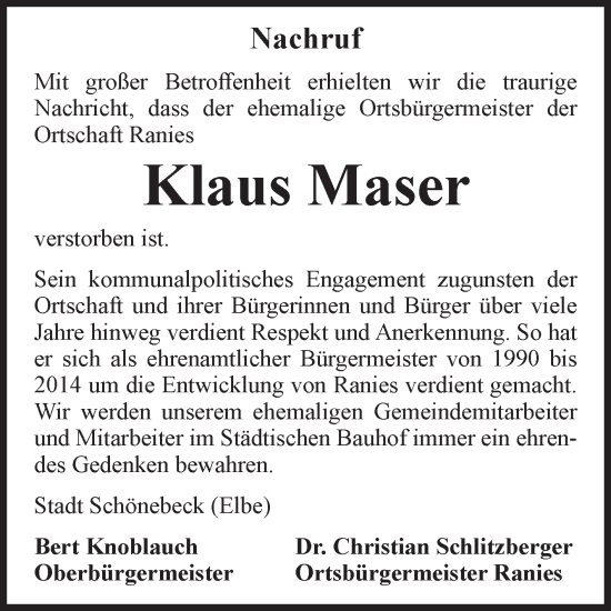 Traueranzeige von Klaus Maser von Volksstimme Schönebeck