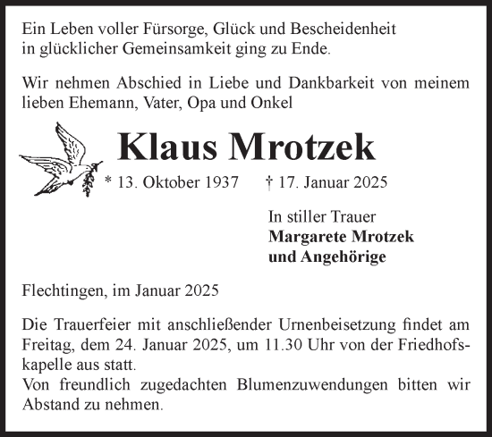 Traueranzeige von Klaus Mrotzek von Volksstimme Haldensleben/Wolmirstedt