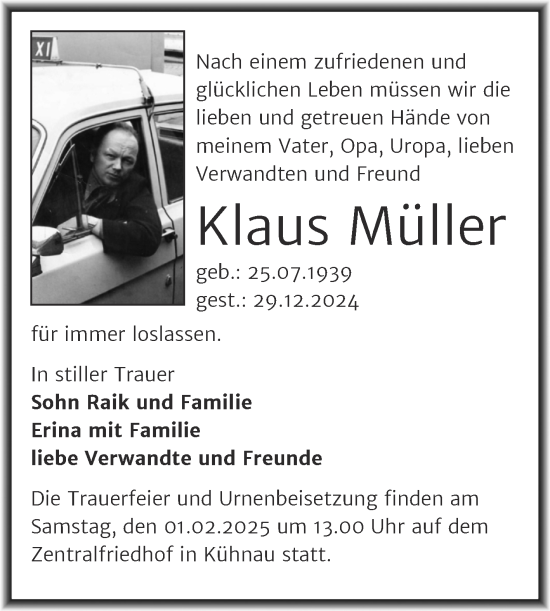 Traueranzeige von Klaus Müller von Mitteldeutsche Zeitung Dessau-Roßlau