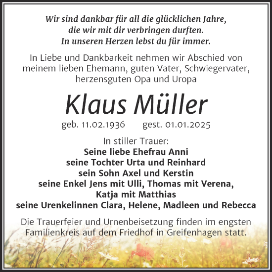 Traueranzeige von Klaus Müller von Trauerkombi Mansfelder Land