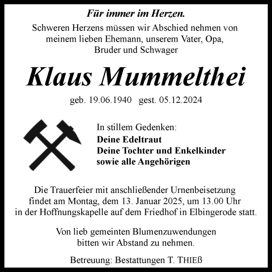 Traueranzeige von Klaus Mummelthei von Volksstimme Wernigerode