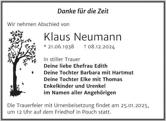 Traueranzeige von Klaus Neumann von Trauerkombi Bitterfeld