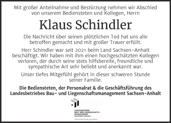 Traueranzeige von Klaus Schindler von Mitteldeutsche Zeitung Dessau-Roßlau