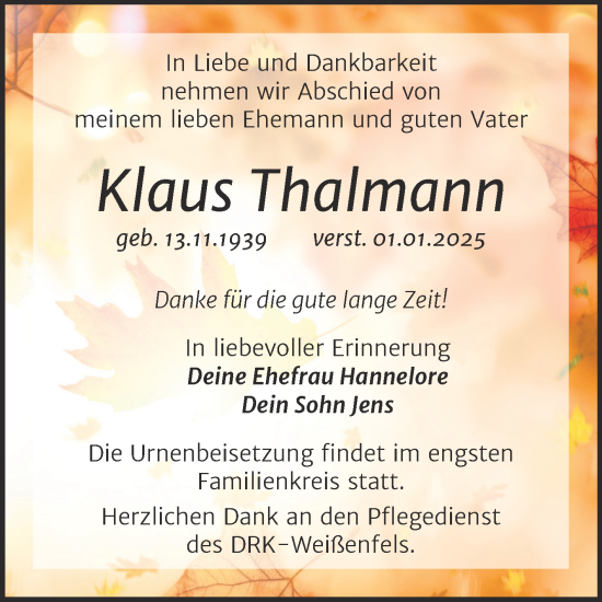 Traueranzeige von Klaus Thalmann von Trauerkombi Weißenfels