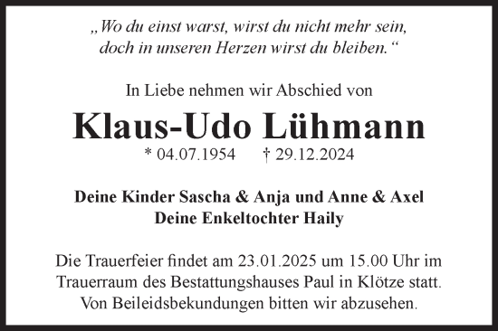 Traueranzeige von Klaus-Udo Lühmann von Volksstimme Altmark West