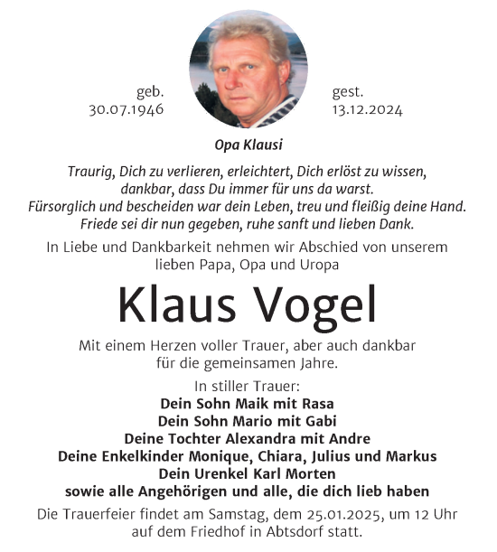 Traueranzeige von Klaus Vogel von Trauerkombi Wittenberg