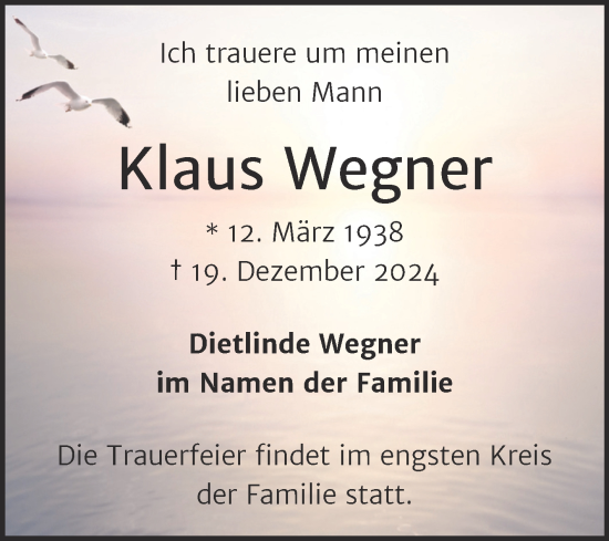 Traueranzeige von Klaus Wegner von Trauerkombi Dessau