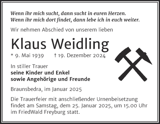 Traueranzeige von Klaus Weidling von Trauerkombi Merseburg