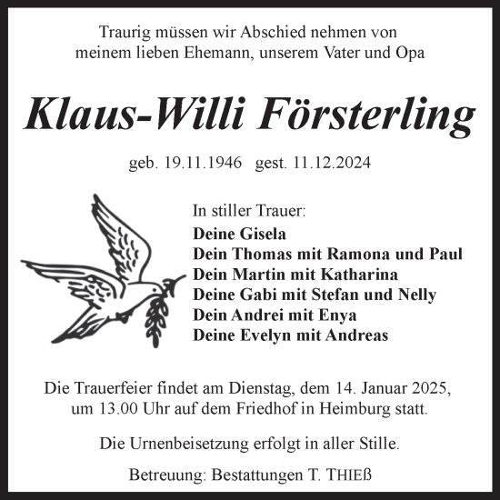 Traueranzeige von Klaus-Willi Försterling von Volksstimme Wernigerode