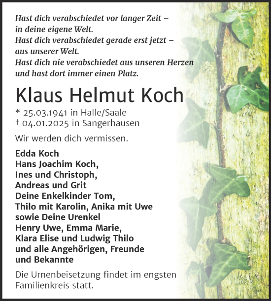 Traueranzeige von Klaus Helmut Koch von Mitteldeutsche Zeitung Halle/Saalkreis