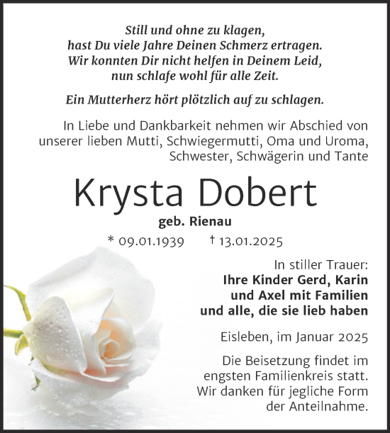 Traueranzeige von Krysta Dobert von Trauerkombi Mansfelder Land