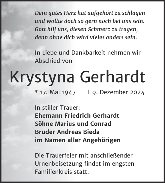 Traueranzeige von Krystyna Gerhardt von Mitteldeutsche Zeitung Halle/Saalkreis