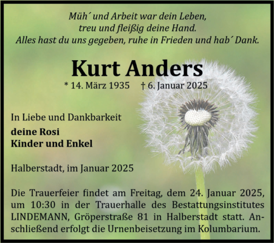 Traueranzeige von Kurt Anders von Volksstimme Halberstadt