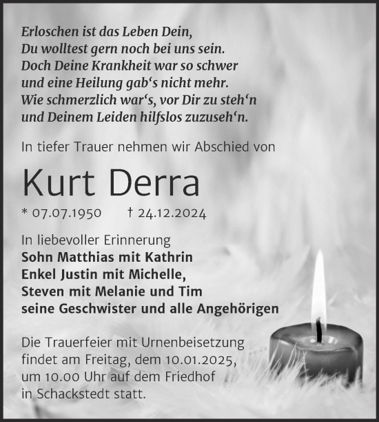 Traueranzeige von Kurt Derra von Trauerkombi Aschersleben