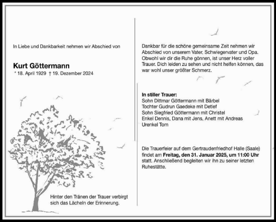 Traueranzeige von Kurt Göttermann von Mitteldeutsche Zeitung Halle/Saalkreis