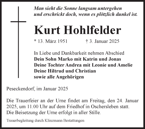 Traueranzeige von Kurt Hohlfelder von Volksstimme Oschersleben/Wanzleben