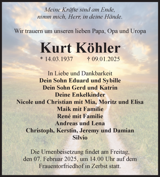 Traueranzeige von Kurt Köhler von Volksstimme Zerbst