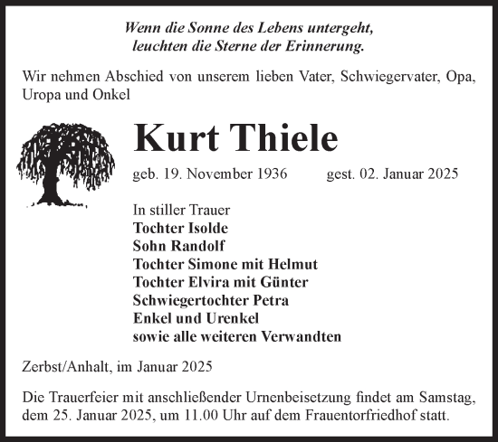 Traueranzeige von Kurt Thiele von Volksstimme Zerbst