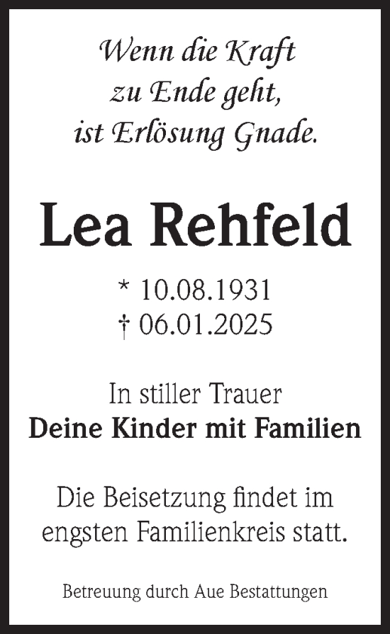 Traueranzeige von Lea Rehfeld von Volksstimme Magdeburg