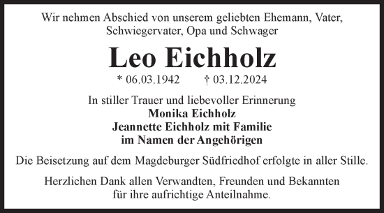 Traueranzeige von Leo Eichholz von Volksstimme Magdeburg