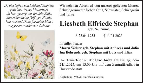 Traueranzeige von Liesbeth Elfriede Stephan von Volksstimme Wernigerode