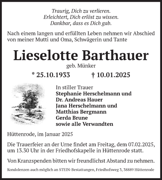 Traueranzeige von Lieselotte Barthauer von Volksstimme Wernigerode