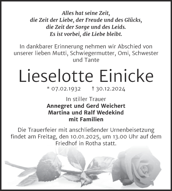 Traueranzeige von Lieselotte Einicke von Mitteldeutsche Zeitung Sangerhausen