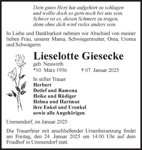 Traueranzeige von Lieselotte Giesecke von Volksstimme Oschersleben/Wanzleben