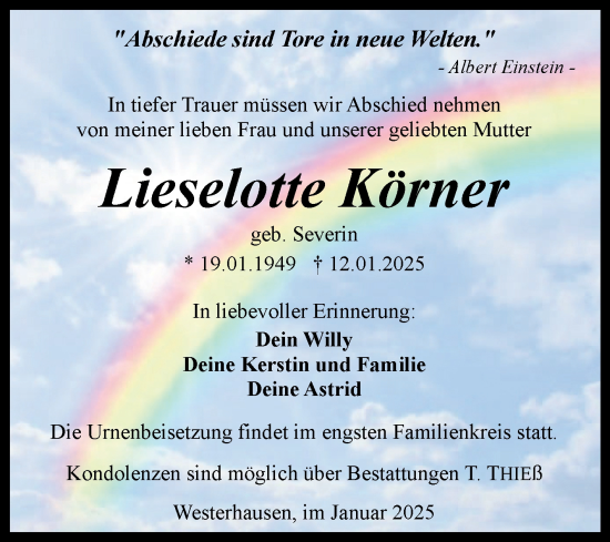 Traueranzeige von Lieselotte Körner von Trauerkombi Quedlinburg