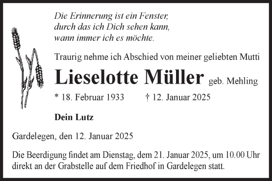 Traueranzeige von Lieselotte Müller von Volksstimme Altmark West