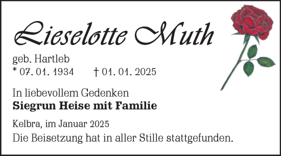 Traueranzeige von Lieselotte Muth von Trauerkombi Sangerhausen