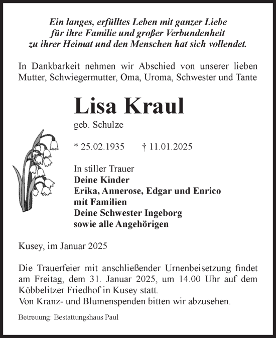 Traueranzeige von Lisa Kraul von Volksstimme Altmark West