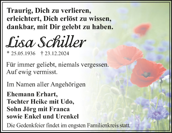 Traueranzeige von Lisa Schiller von Mitteldeutsche Zeitung Dessau-Roßlau