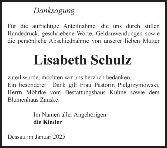 Traueranzeige von Lisabeth Schulz von Volksstimme Altmark Ost