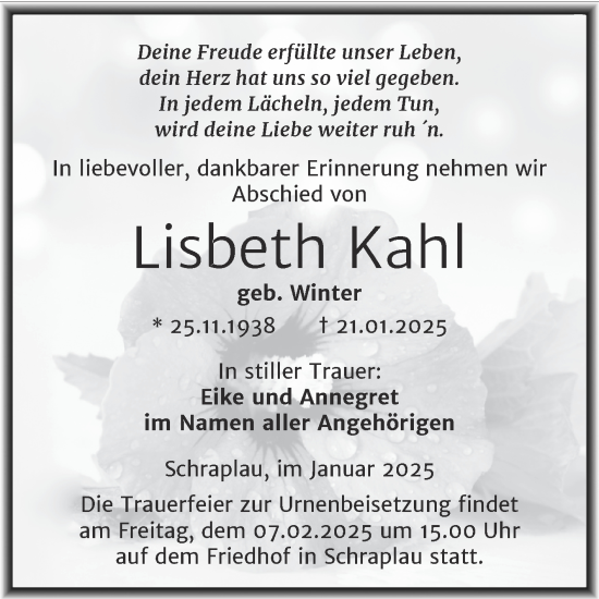 Traueranzeige von Lisbeth Kahl von Trauerkombi Merseburg