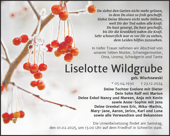 Traueranzeige von Liselotte Wildgrube von Trauerkombi Wittenberg