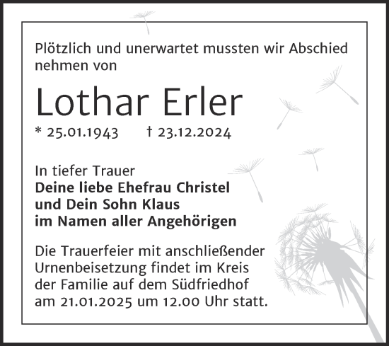 Traueranzeige von Lothar Erler von Mitteldeutsche Zeitung Halle/Saalkreis